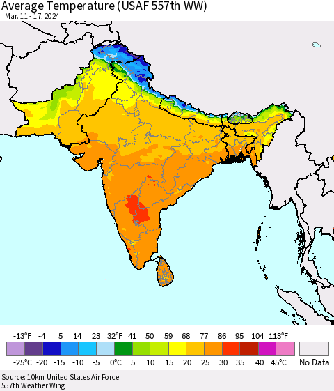 Southern Asia Average Temperature (USAF 557th WW) Thematic Map For 3/11/2024 - 3/17/2024