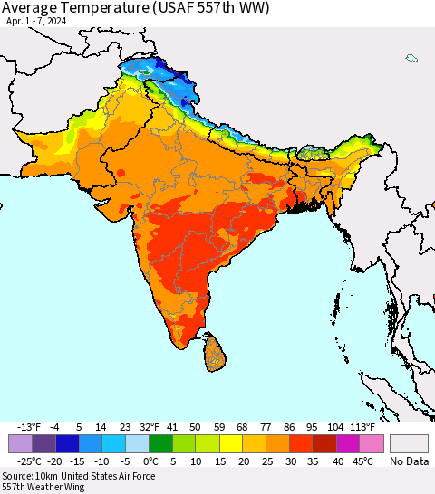 Southern Asia Average Temperature (USAF 557th WW) Thematic Map For 4/1/2024 - 4/7/2024