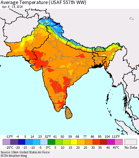 Southern Asia Average Temperature (USAF 557th WW) Thematic Map For 4/8/2024 - 4/14/2024
