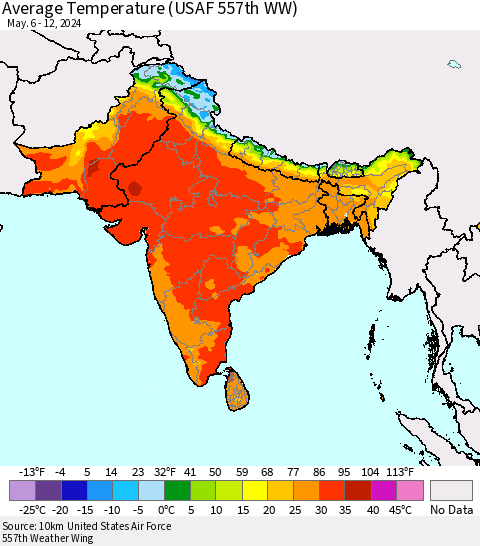 Southern Asia Average Temperature (USAF 557th WW) Thematic Map For 5/6/2024 - 5/12/2024