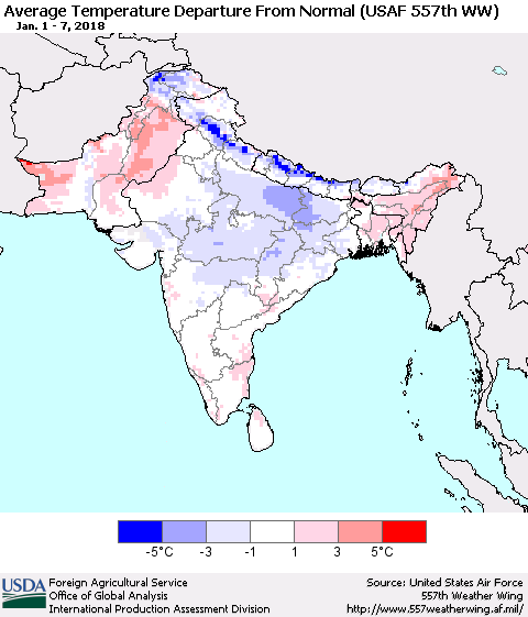Southern Asia Average Temperature Departure from Normal (USAF 557th WW) Thematic Map For 1/1/2018 - 1/7/2018