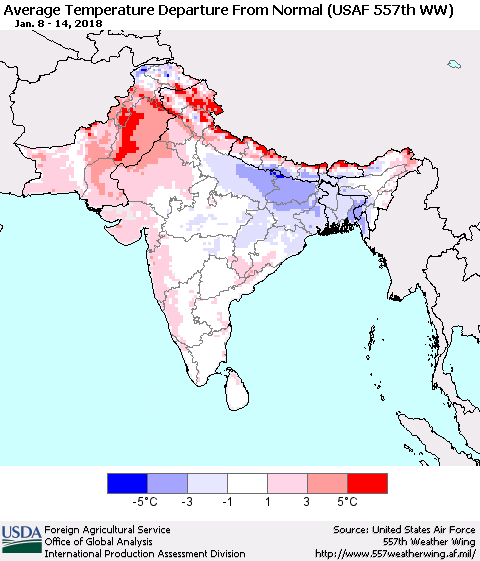 Southern Asia Average Temperature Departure from Normal (USAF 557th WW) Thematic Map For 1/8/2018 - 1/14/2018