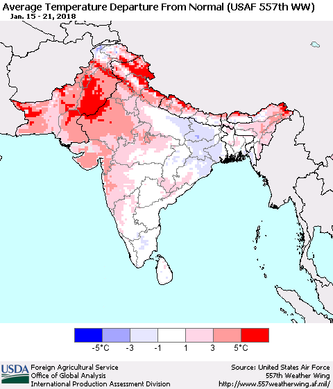 Southern Asia Average Temperature Departure from Normal (USAF 557th WW) Thematic Map For 1/15/2018 - 1/21/2018
