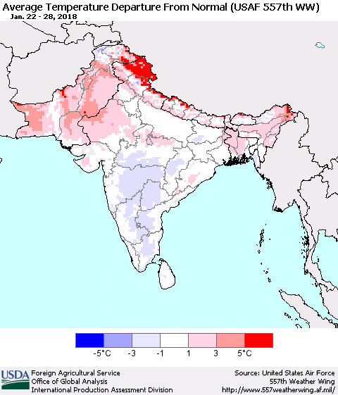Southern Asia Average Temperature Departure from Normal (USAF 557th WW) Thematic Map For 1/22/2018 - 1/28/2018