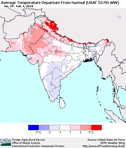 Southern Asia Average Temperature Departure from Normal (USAF 557th WW) Thematic Map For 1/29/2018 - 2/4/2018
