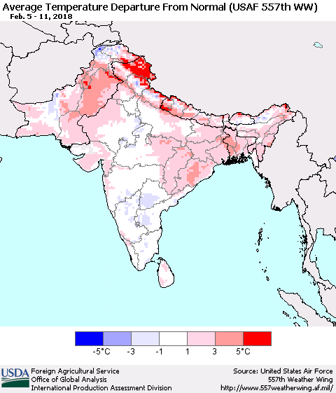 Southern Asia Average Temperature Departure from Normal (USAF 557th WW) Thematic Map For 2/5/2018 - 2/11/2018