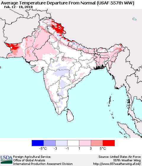 Southern Asia Average Temperature Departure from Normal (USAF 557th WW) Thematic Map For 2/12/2018 - 2/18/2018
