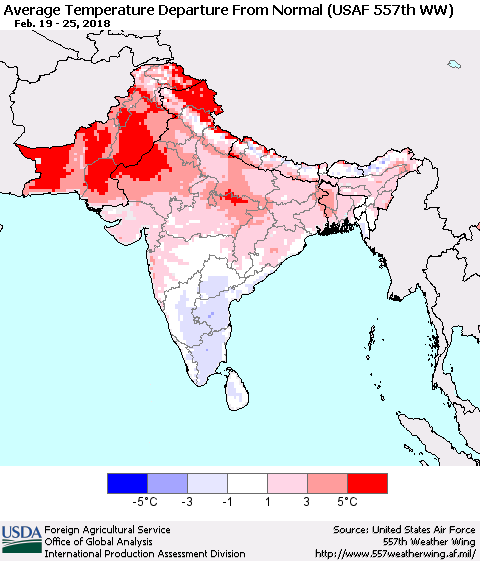 Southern Asia Average Temperature Departure from Normal (USAF 557th WW) Thematic Map For 2/19/2018 - 2/25/2018