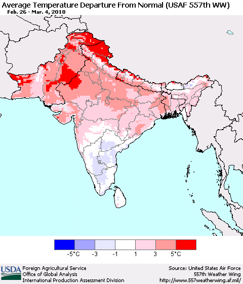 Southern Asia Average Temperature Departure from Normal (USAF 557th WW) Thematic Map For 2/26/2018 - 3/4/2018
