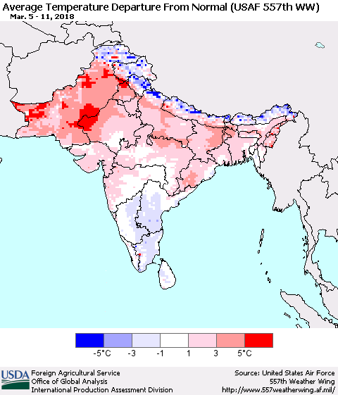 Southern Asia Average Temperature Departure from Normal (USAF 557th WW) Thematic Map For 3/5/2018 - 3/11/2018