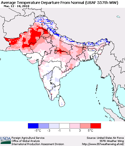 Southern Asia Average Temperature Departure from Normal (USAF 557th WW) Thematic Map For 3/12/2018 - 3/18/2018