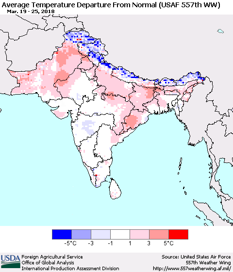 Southern Asia Average Temperature Departure from Normal (USAF 557th WW) Thematic Map For 3/19/2018 - 3/25/2018
