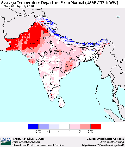 Southern Asia Average Temperature Departure from Normal (USAF 557th WW) Thematic Map For 3/26/2018 - 4/1/2018