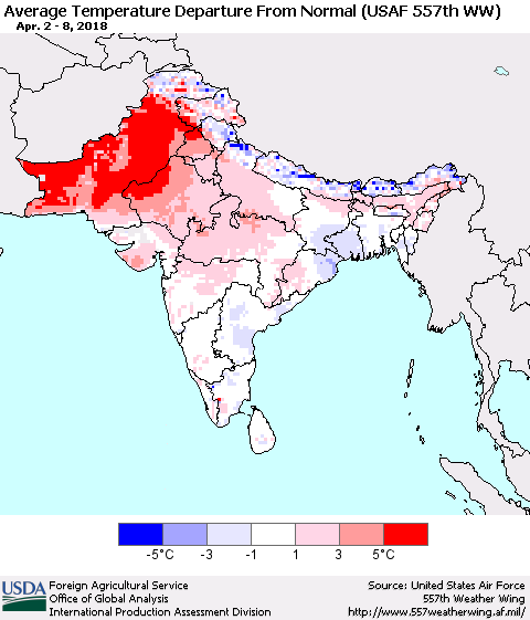 Southern Asia Average Temperature Departure from Normal (USAF 557th WW) Thematic Map For 4/2/2018 - 4/8/2018