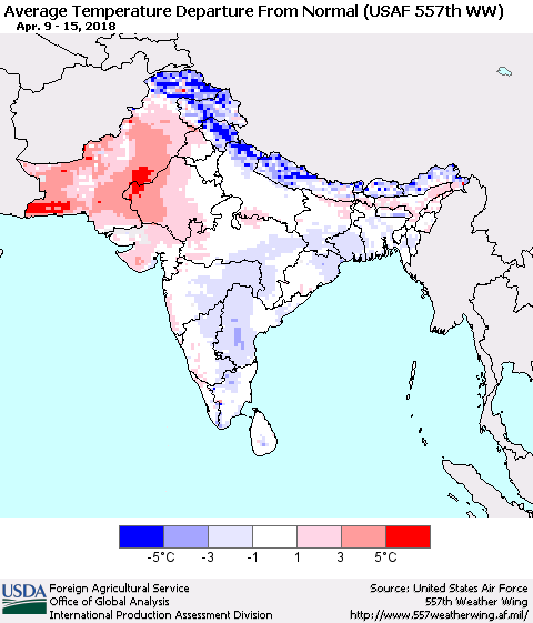 Southern Asia Average Temperature Departure from Normal (USAF 557th WW) Thematic Map For 4/9/2018 - 4/15/2018
