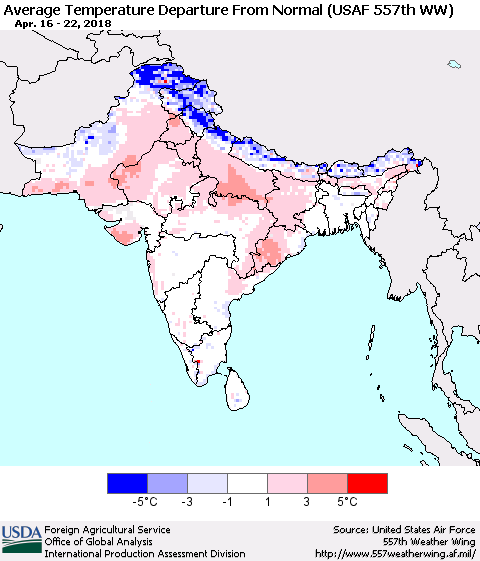 Southern Asia Average Temperature Departure from Normal (USAF 557th WW) Thematic Map For 4/16/2018 - 4/22/2018