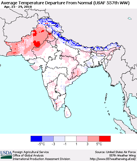 Southern Asia Average Temperature Departure from Normal (USAF 557th WW) Thematic Map For 4/23/2018 - 4/29/2018