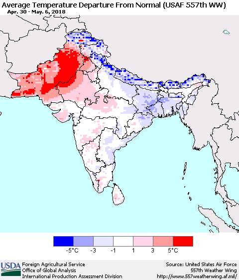 Southern Asia Average Temperature Departure from Normal (USAF 557th WW) Thematic Map For 4/30/2018 - 5/6/2018