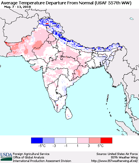 Southern Asia Average Temperature Departure from Normal (USAF 557th WW) Thematic Map For 5/7/2018 - 5/13/2018