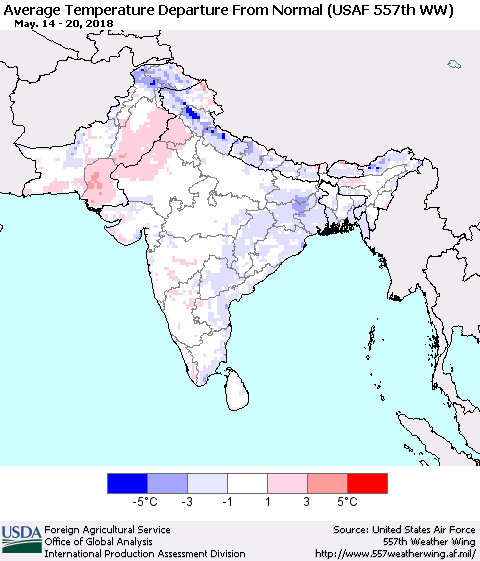 Southern Asia Average Temperature Departure from Normal (USAF 557th WW) Thematic Map For 5/14/2018 - 5/20/2018