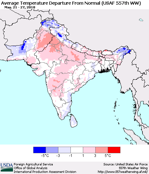 Southern Asia Average Temperature Departure from Normal (USAF 557th WW) Thematic Map For 5/21/2018 - 5/27/2018