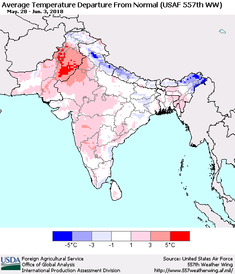 Southern Asia Average Temperature Departure from Normal (USAF 557th WW) Thematic Map For 5/28/2018 - 6/3/2018