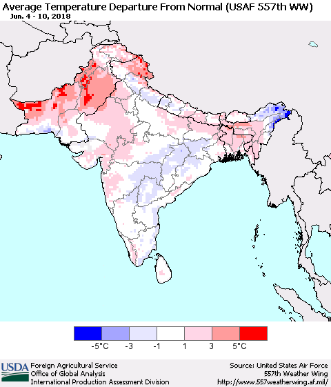 Southern Asia Average Temperature Departure from Normal (USAF 557th WW) Thematic Map For 6/4/2018 - 6/10/2018