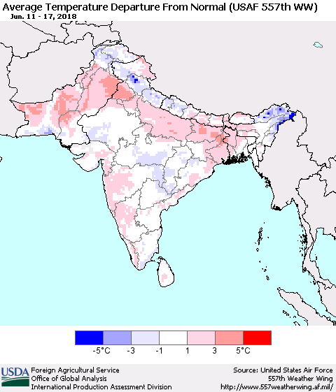 Southern Asia Average Temperature Departure from Normal (USAF 557th WW) Thematic Map For 6/11/2018 - 6/17/2018