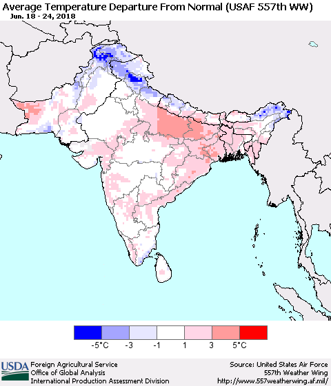 Southern Asia Average Temperature Departure from Normal (USAF 557th WW) Thematic Map For 6/18/2018 - 6/24/2018