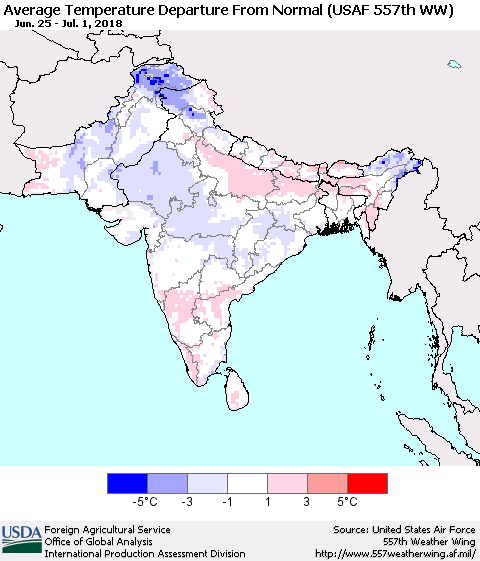 Southern Asia Average Temperature Departure from Normal (USAF 557th WW) Thematic Map For 6/25/2018 - 7/1/2018