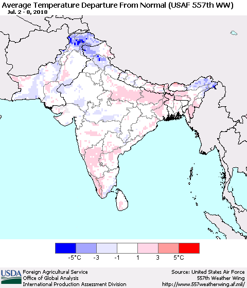 Southern Asia Average Temperature Departure from Normal (USAF 557th WW) Thematic Map For 7/2/2018 - 7/8/2018