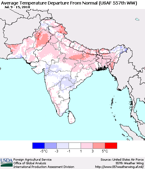 Southern Asia Average Temperature Departure from Normal (USAF 557th WW) Thematic Map For 7/9/2018 - 7/15/2018