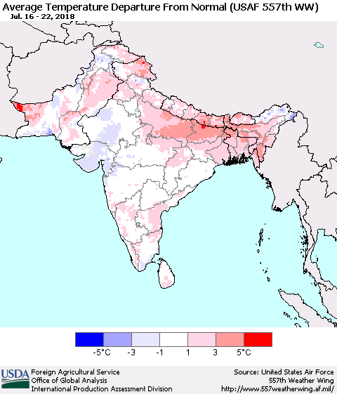 Southern Asia Average Temperature Departure from Normal (USAF 557th WW) Thematic Map For 7/16/2018 - 7/22/2018
