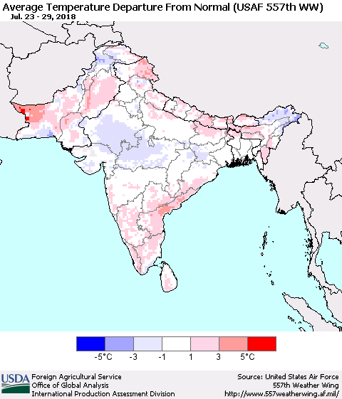 Southern Asia Average Temperature Departure from Normal (USAF 557th WW) Thematic Map For 7/23/2018 - 7/29/2018