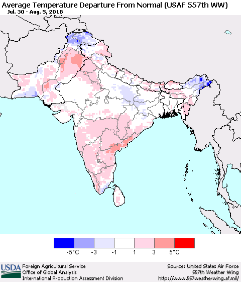 Southern Asia Average Temperature Departure from Normal (USAF 557th WW) Thematic Map For 7/30/2018 - 8/5/2018
