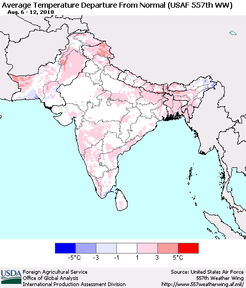Southern Asia Average Temperature Departure from Normal (USAF 557th WW) Thematic Map For 8/6/2018 - 8/12/2018