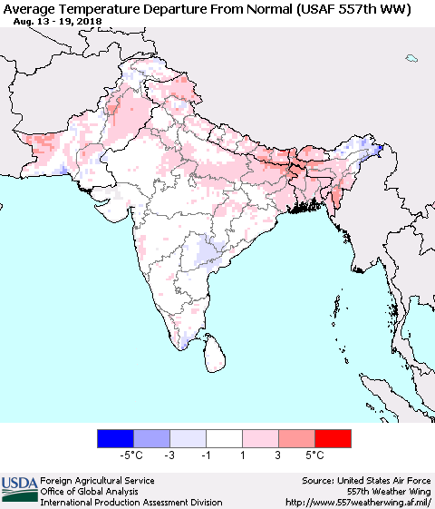 Southern Asia Average Temperature Departure from Normal (USAF 557th WW) Thematic Map For 8/13/2018 - 8/19/2018