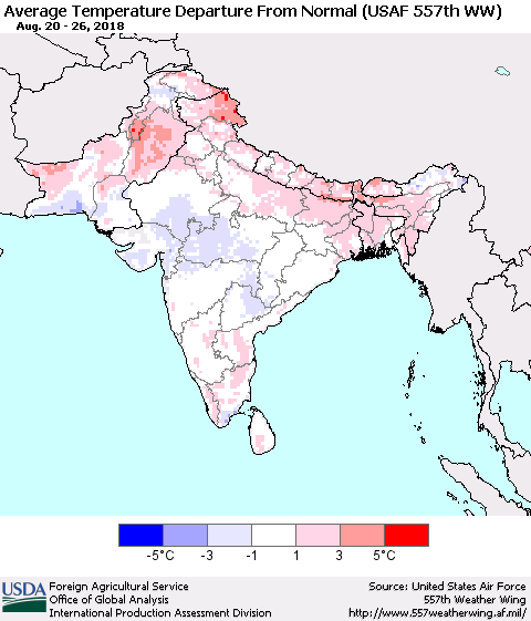 Southern Asia Average Temperature Departure from Normal (USAF 557th WW) Thematic Map For 8/20/2018 - 8/26/2018