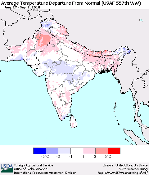 Southern Asia Average Temperature Departure from Normal (USAF 557th WW) Thematic Map For 8/27/2018 - 9/2/2018