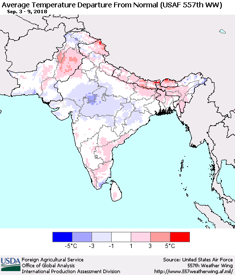 Southern Asia Average Temperature Departure from Normal (USAF 557th WW) Thematic Map For 9/3/2018 - 9/9/2018