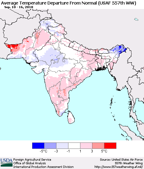 Southern Asia Average Temperature Departure from Normal (USAF 557th WW) Thematic Map For 9/10/2018 - 9/16/2018