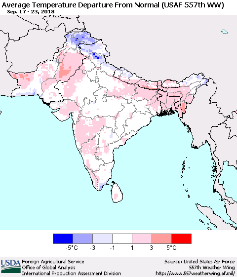 Southern Asia Average Temperature Departure from Normal (USAF 557th WW) Thematic Map For 9/17/2018 - 9/23/2018