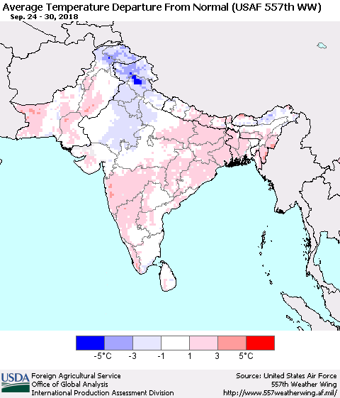Southern Asia Average Temperature Departure from Normal (USAF 557th WW) Thematic Map For 9/24/2018 - 9/30/2018