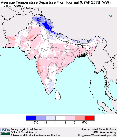 Southern Asia Average Temperature Departure From Normal (USAF 557th WW) Thematic Map For 10/1/2018 - 10/7/2018