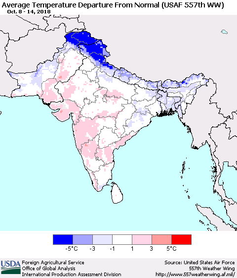 Southern Asia Average Temperature Departure From Normal (USAF 557th WW) Thematic Map For 10/8/2018 - 10/14/2018