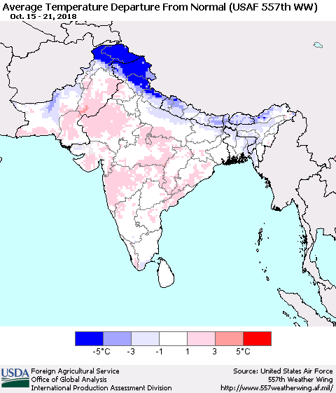 Southern Asia Average Temperature Departure From Normal (USAF 557th WW) Thematic Map For 10/15/2018 - 10/21/2018