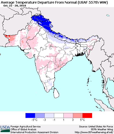 Southern Asia Average Temperature Departure From Normal (USAF 557th WW) Thematic Map For 10/22/2018 - 10/28/2018