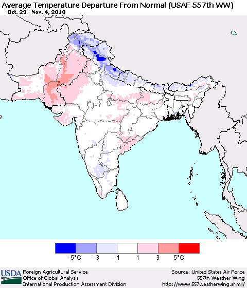 Southern Asia Average Temperature Departure from Normal (USAF 557th WW) Thematic Map For 10/29/2018 - 11/4/2018