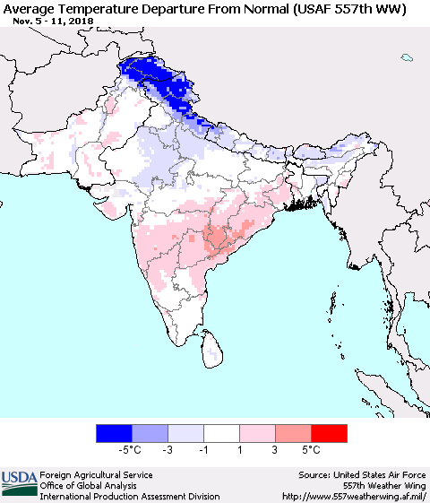 Southern Asia Average Temperature Departure From Normal (USAF 557th WW) Thematic Map For 11/5/2018 - 11/11/2018