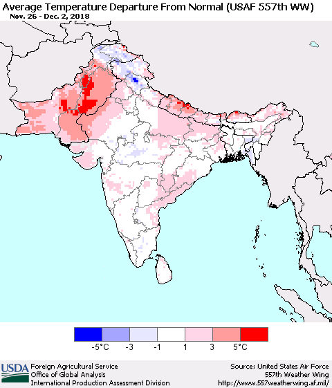 Southern Asia Average Temperature Departure From Normal (USAF 557th WW) Thematic Map For 11/26/2018 - 12/2/2018